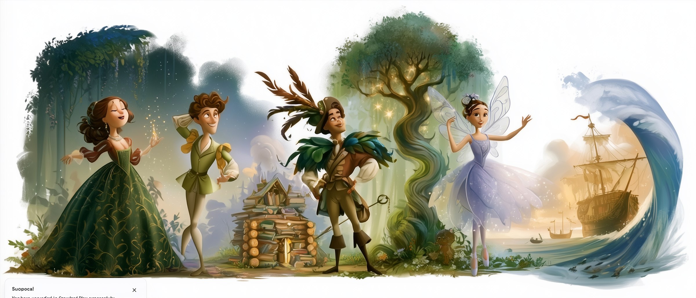 Illustrated characters from the Steeped in Song books gathered in an enchanted forest, beside a quiet harbor.