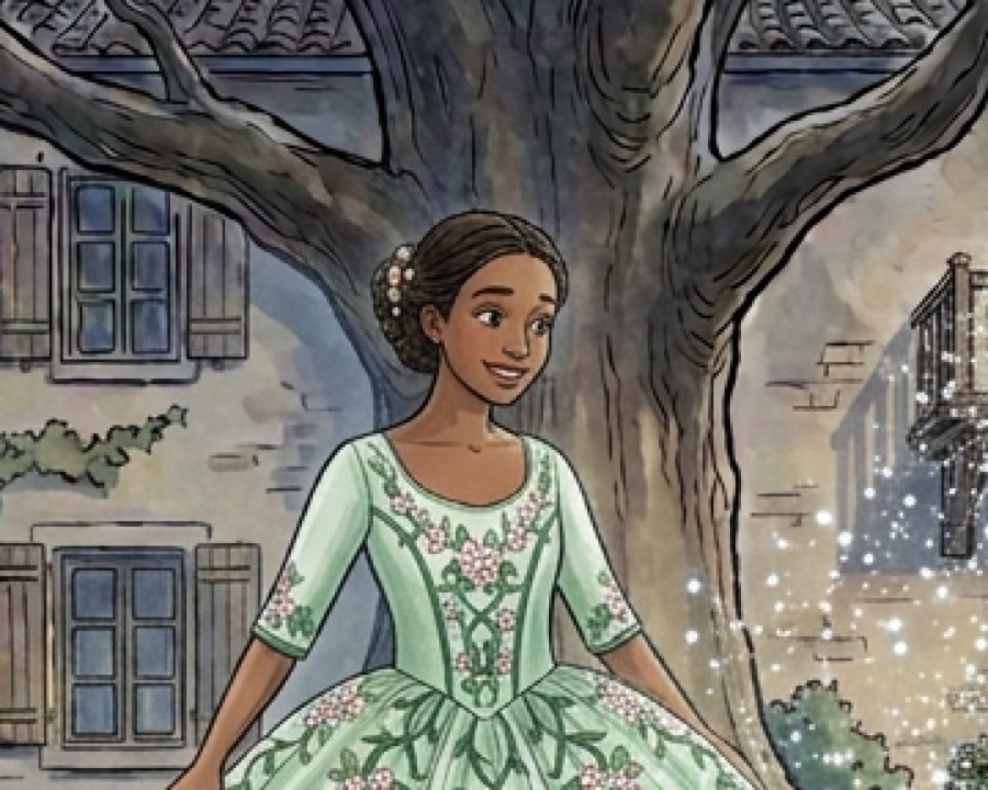 Illustration from the Cinderella storybook: Cinderella, smiling, in her new gown of green leaves and apple flowers.