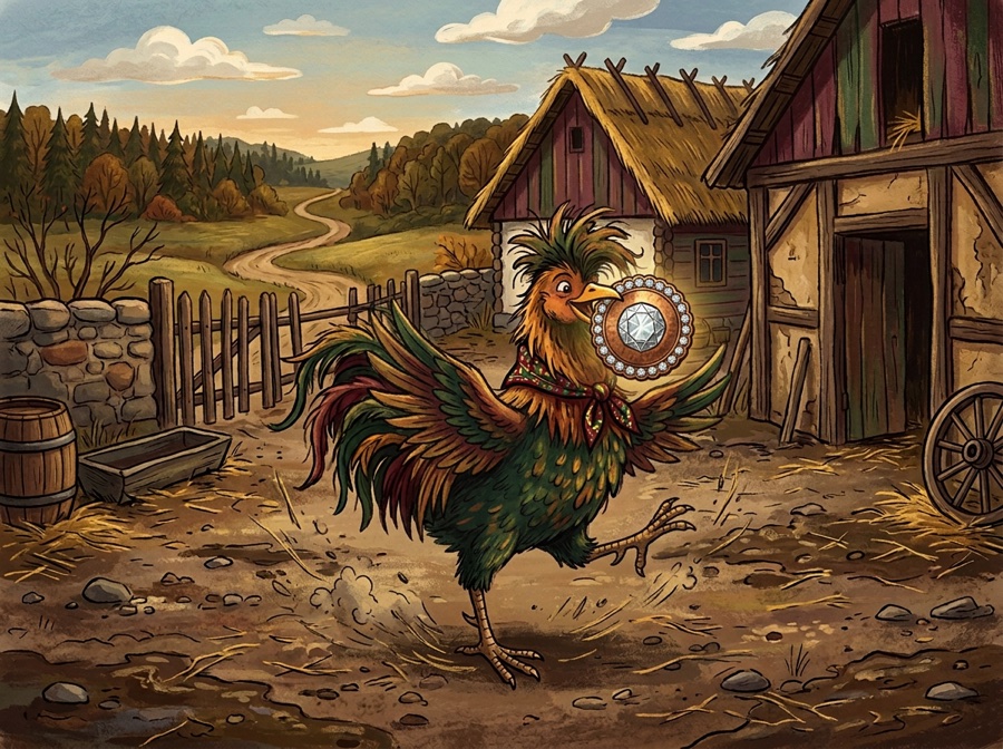 Illustration from the Liszt storybook: the little rooster strutting across the farmyard with his diamond half-penny in his beak.