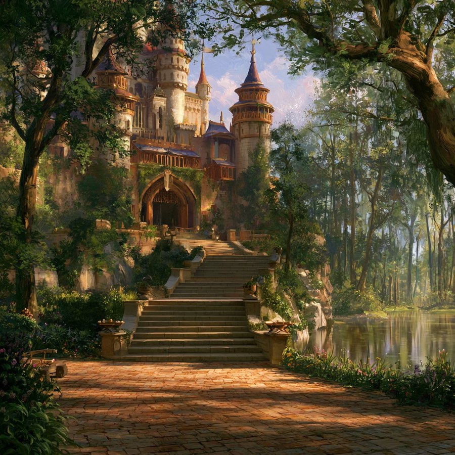 Illustration from the Lohengrin storybook: a castle at the edge of a quiet river.