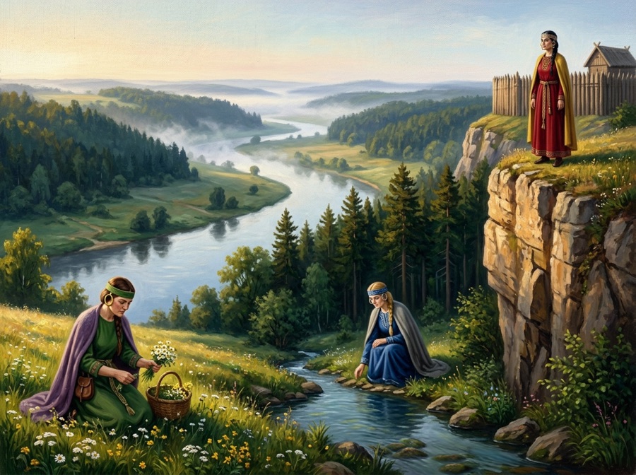 Illustration from the Má vlast storybook: the three sisters in the young river valley, Kazi gathering herbs in a meadow, Teta at a forest spring, and Libuše standing on the high cliff above the river.