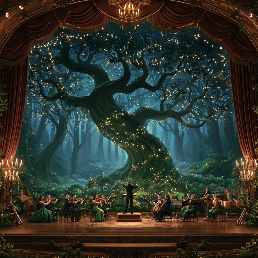 Illustration from The Magic Flute storybook: the overture, glowing at dawn.