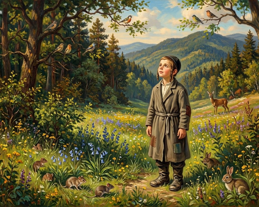 Illustration from the Mahler storybook: the boy Israel standing in a spring meadow, listening to the birds in the trees.