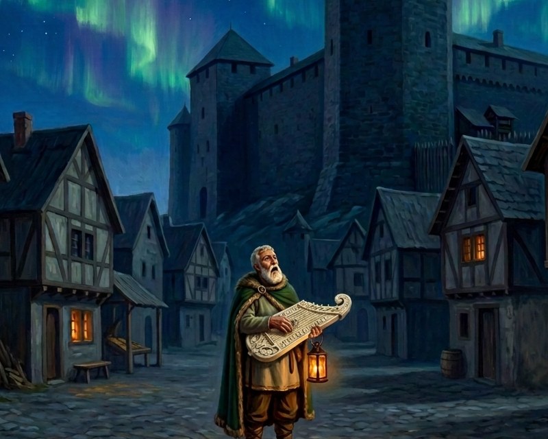 Illustration from the Sibelius storybook: Väinämöinen playing a bone-white kantele by lantern light in a sleeping town under the northern lights.